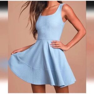 Lulus Light Blue Textured Fit & Flare Skater Dress Sleeveless Zip Back M